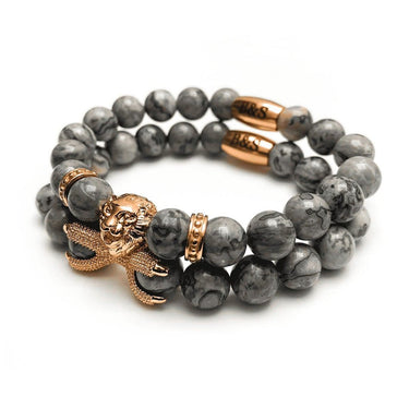 Man Bracelets - Men’s Beaded Bracelets - Rose Gold Lion & Grey Stones Bracelets Set - Mens Bracelet Bracelet Brother & Sisters